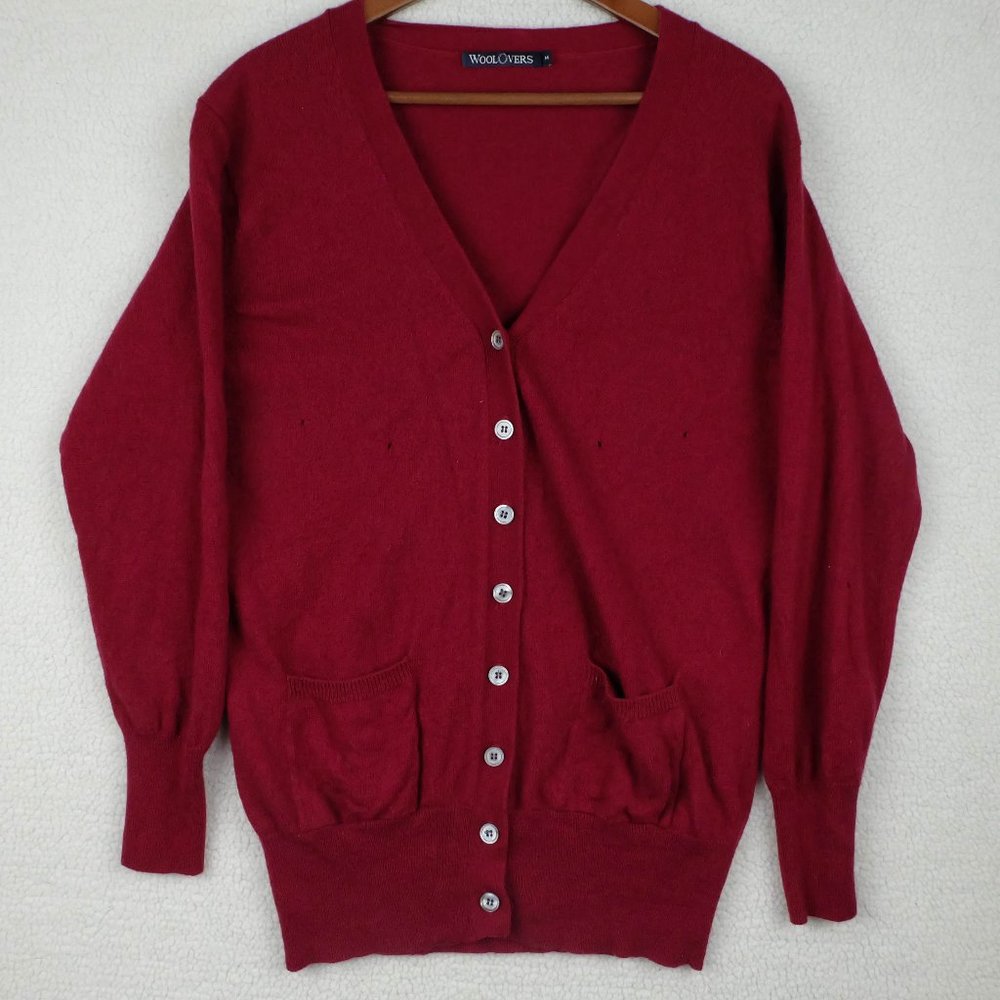Woolovers Cardigan Womens Medium Red Burgandy Cashmere Merino Button Up Preppy